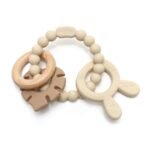 Zacht & Hard | Konijn & Blad RAMMELAAR Hout & Siliconen Bijtring | Zand & Khaki