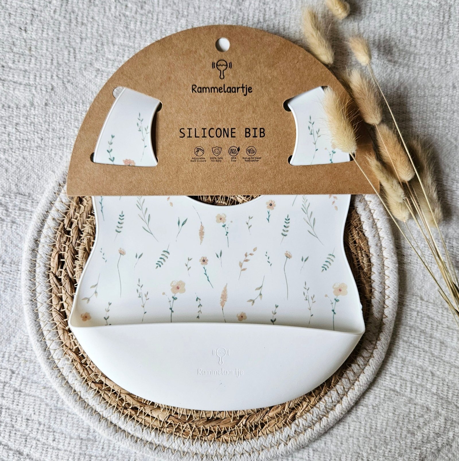 66e0561d-cdac-4040-bcc0-91a0debd9b53 Siliconen slabber Wit - Wilde bloemen print lente - Afbeelding 1