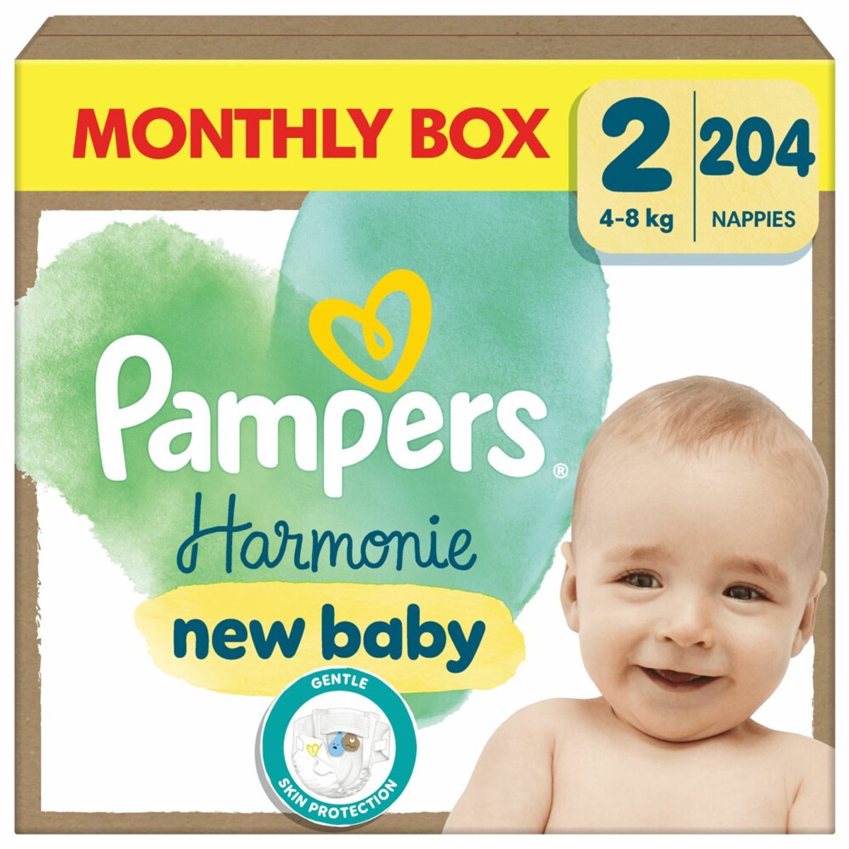 68ae0baf227b832a277cecc98b00237a3d693b043dd6f53c28512.jpg Pampers Harmonie Luiers Maat 2 (4kg-8kg) - 204 Luiers - Maandbox - Afbeelding 1