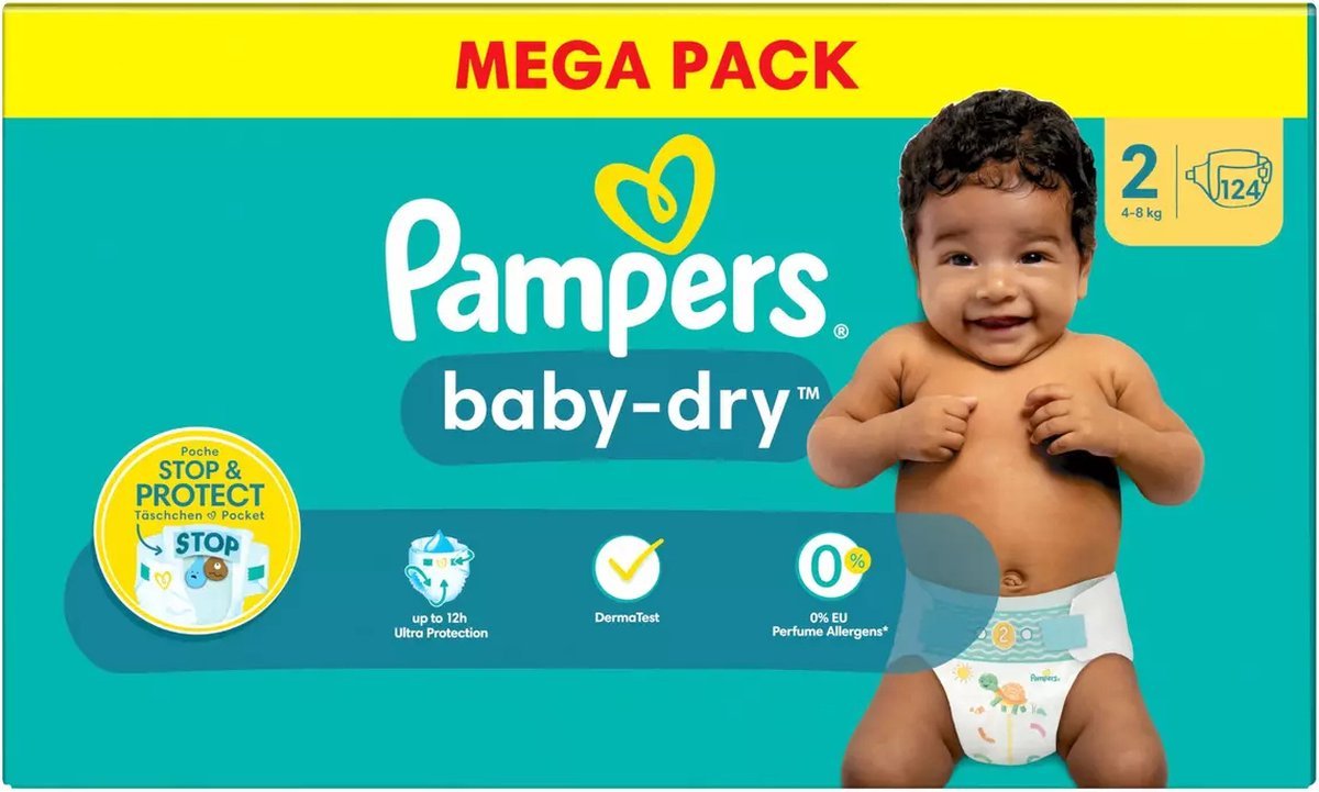 68ae0f07ee77403e94e4fa3248cb43212055e7ebc8336acb4b9bb.jpg Pampers Baby-Dry luiers - Maat 2 - 124 luiers (4-8 KG) - Afbeelding 1