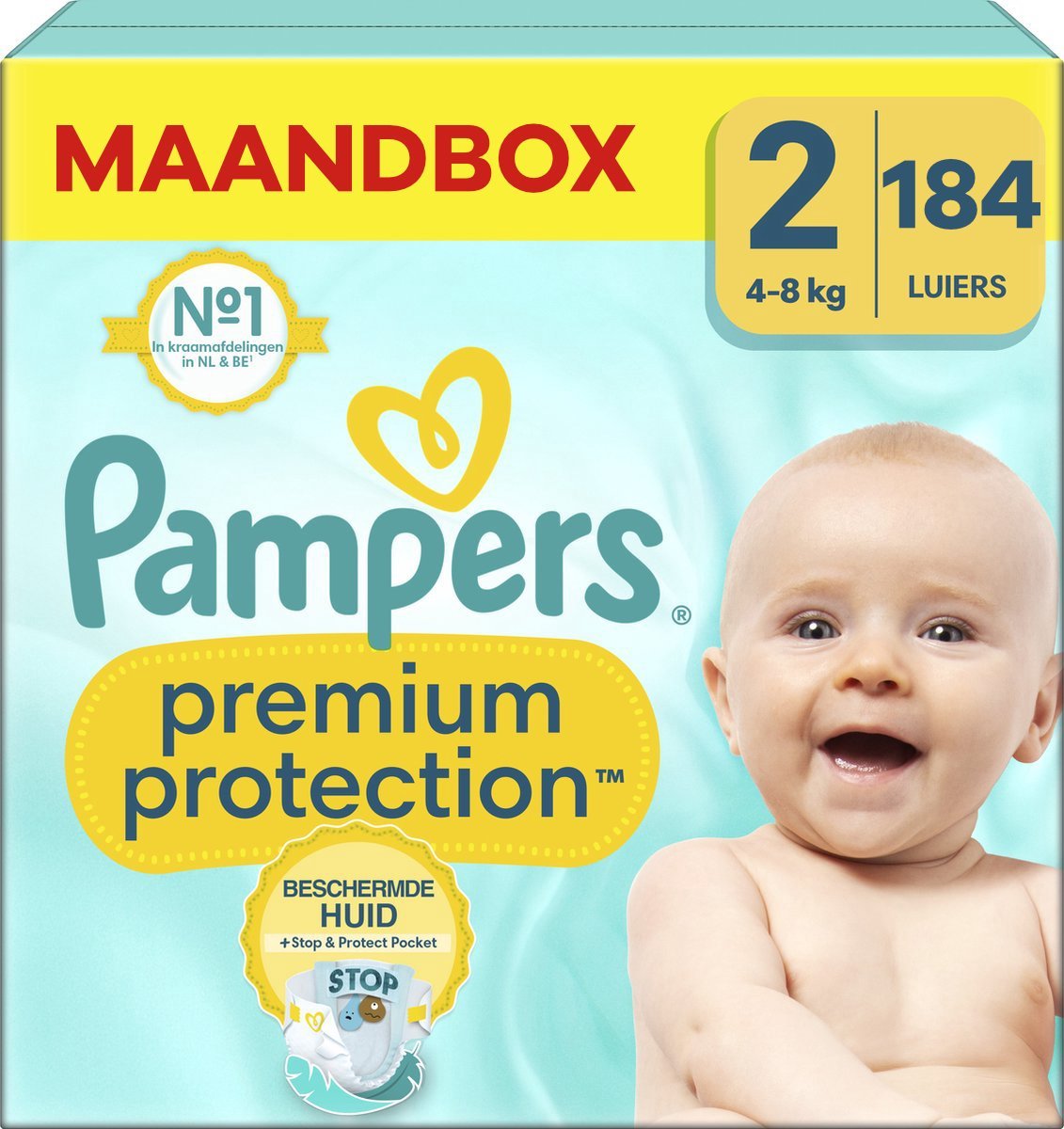 68ae3c83e0532975075d9d8279893ca37811dbf2b80eae7754e3f.jpg Pampers - Premium Protection - Maat 2 - Maandbox - 184 Stuks - 4-8 kg - Afbeelding 1