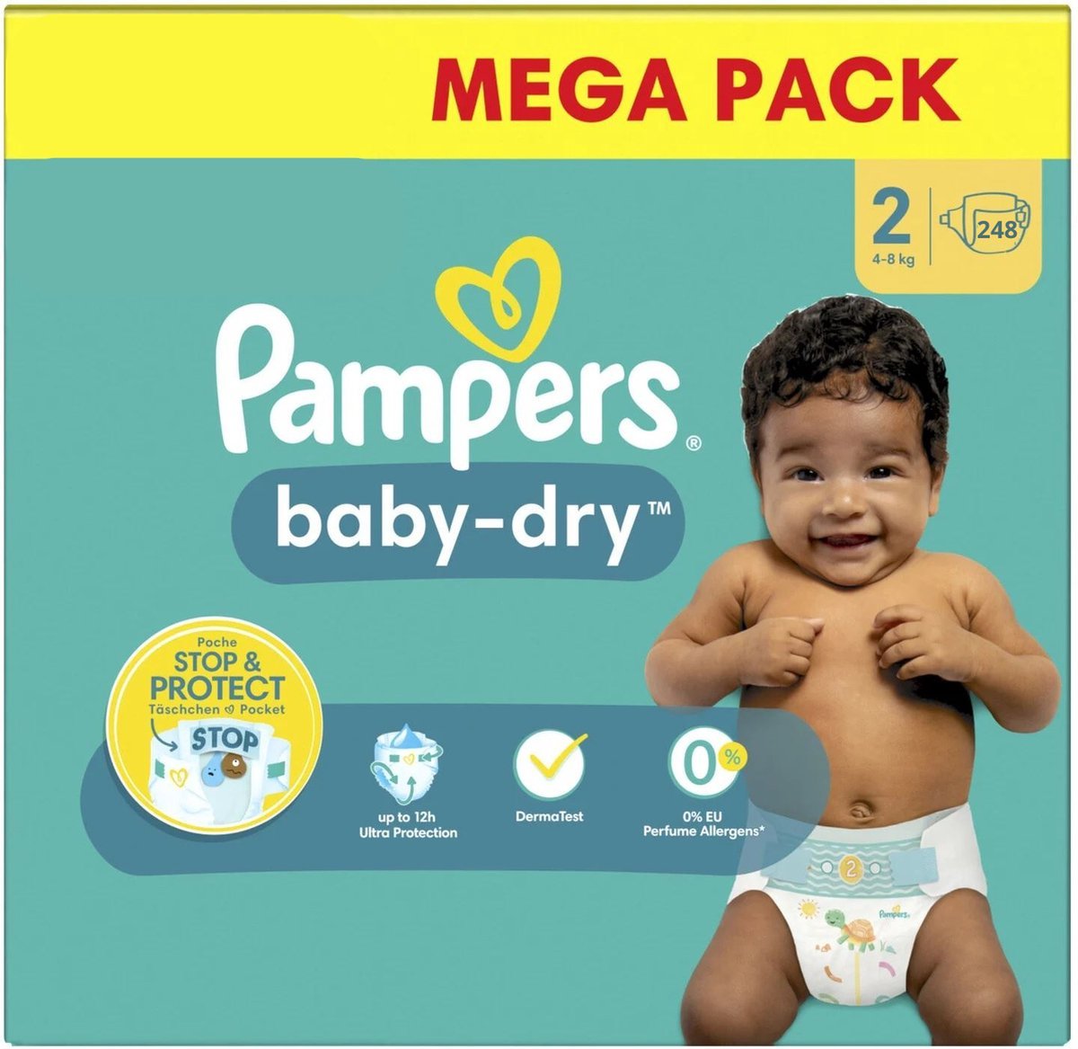 68ae3d931345915970e9e54ba995dccf736dc6805d5a5a409db21.jpg Pampers Baby Dry luiers - Maat 2 (4-8 KG) - 248 luiers (2 x 124 stuks) - Afbeelding 1