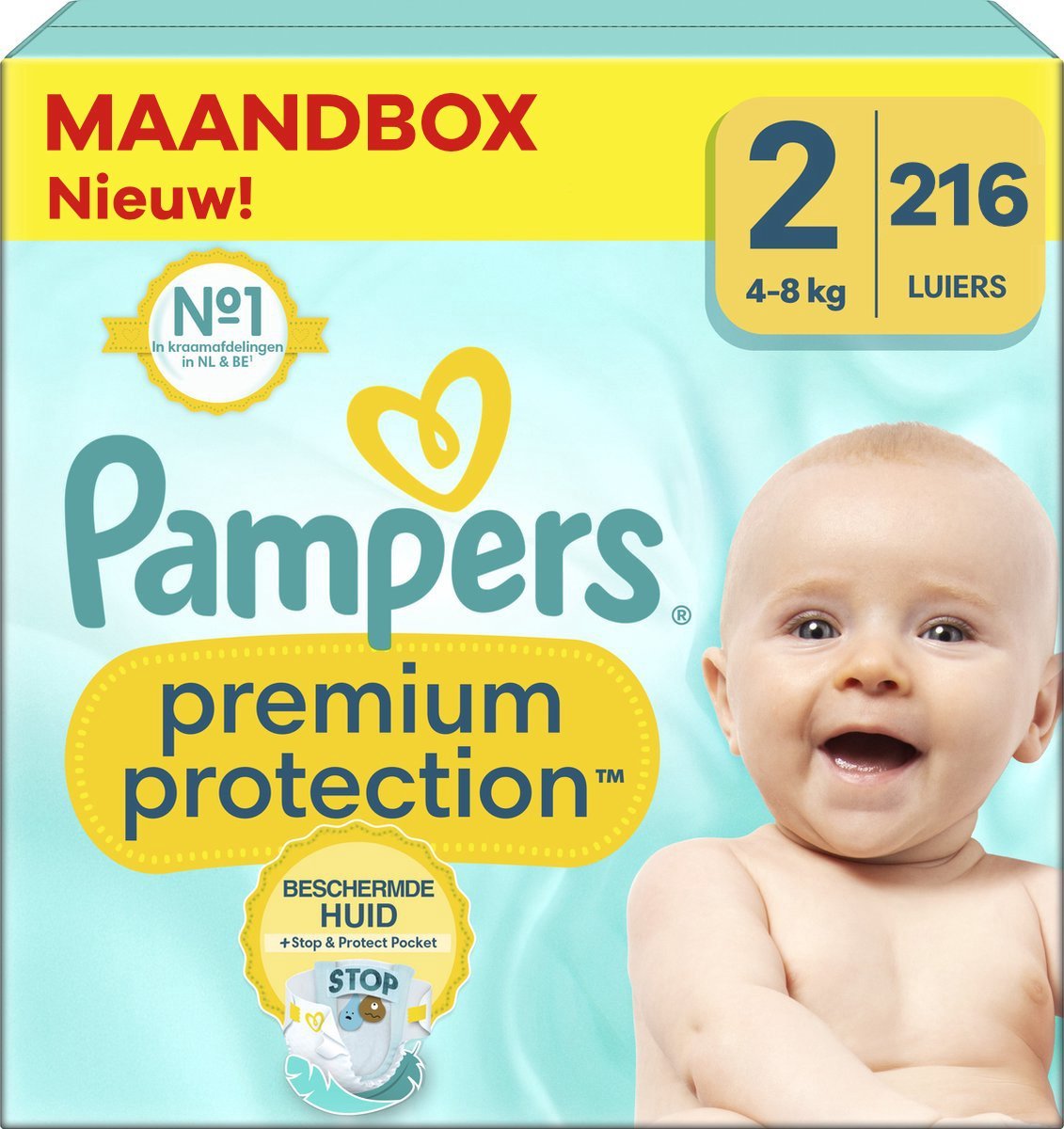 68ae3e66119a853b983d673d3ac30fcd5c51b4db3f726155cc456.jpg Pampers - Premium Protection - Maat 2 - Maandbox - 216 luiers - 4/8 KG - Afbeelding 1