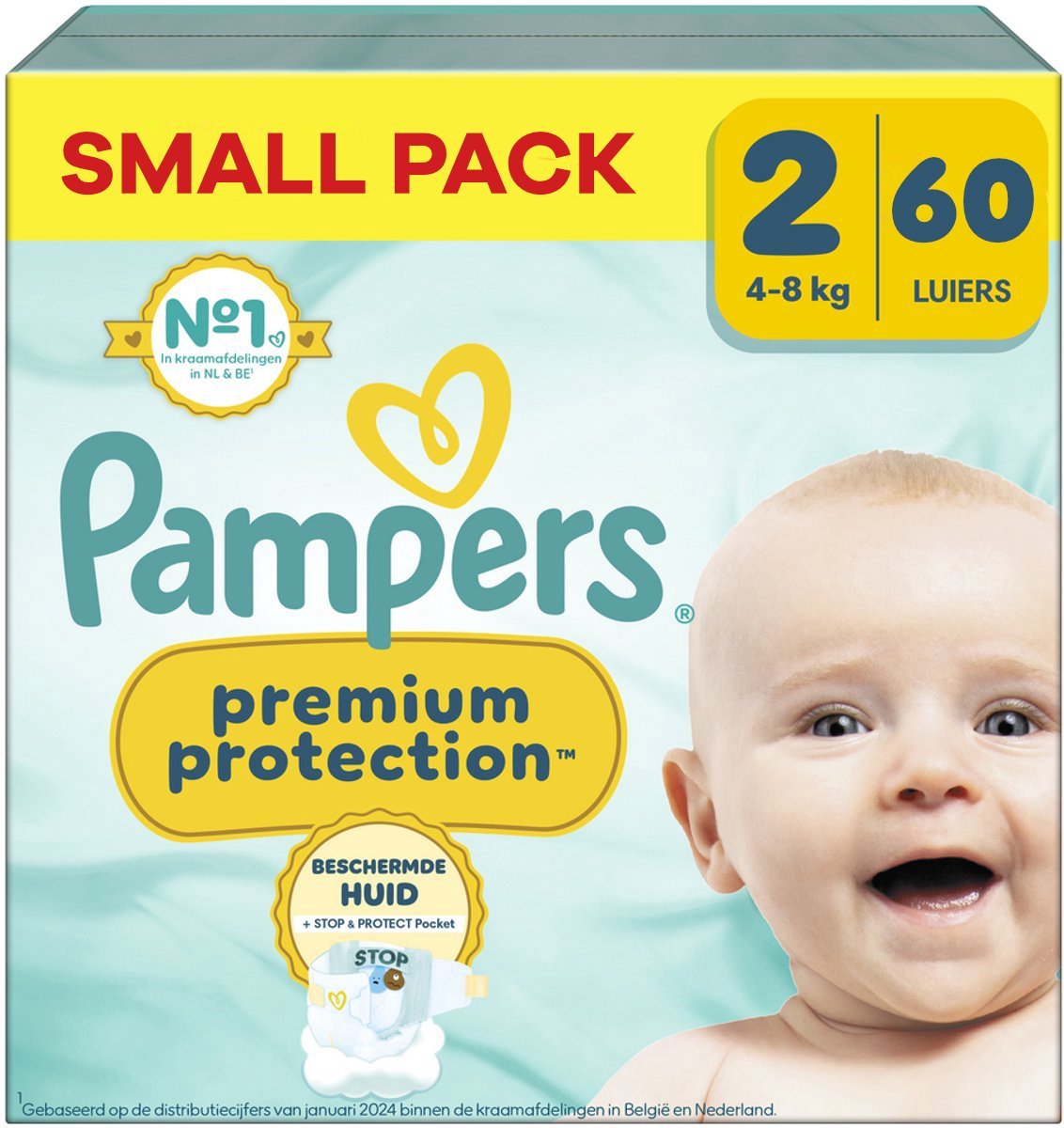 68ae3e9513b4e8741af2dd69af5c5fdf893da2360b377287ef3f7.jpg Pampers - Premium Protection - Maat 2 - Small Pack - 60 Stuks - 4-8 kg - Afbeelding 1