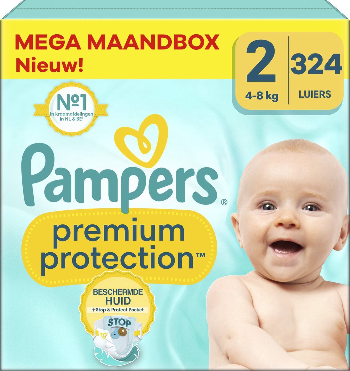 68ae3ffa432b195e357301ae4a378c3ac9ba1401916a0526df0a2.jpg Pampers - Premium Protection - Maat 2 - Mega Maandbox - 324 luiers - 4/8 KG - Afbeelding 1