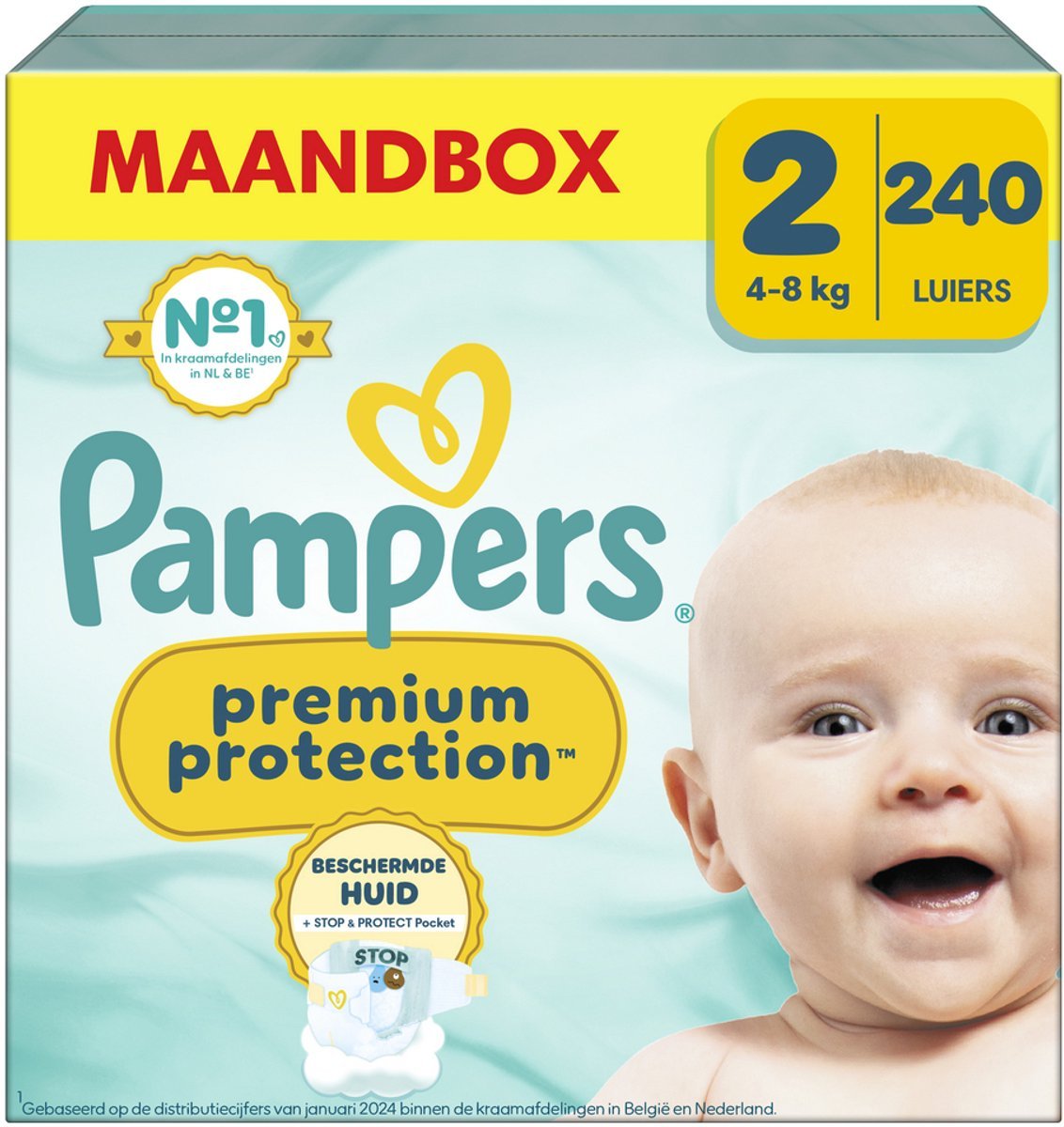68ae4024233cc96ffa8078c27458637980a60184c4199dfeb48d0.jpg Pampers Premium Protection - Maat 2 (4kg-8kg) - 240 Luiers - Maandbox - Afbeelding 1