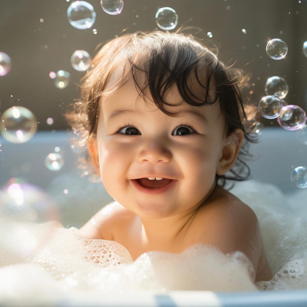 Blije baby in bad die zich comfortabel voelt ondanks baby bang voor bad