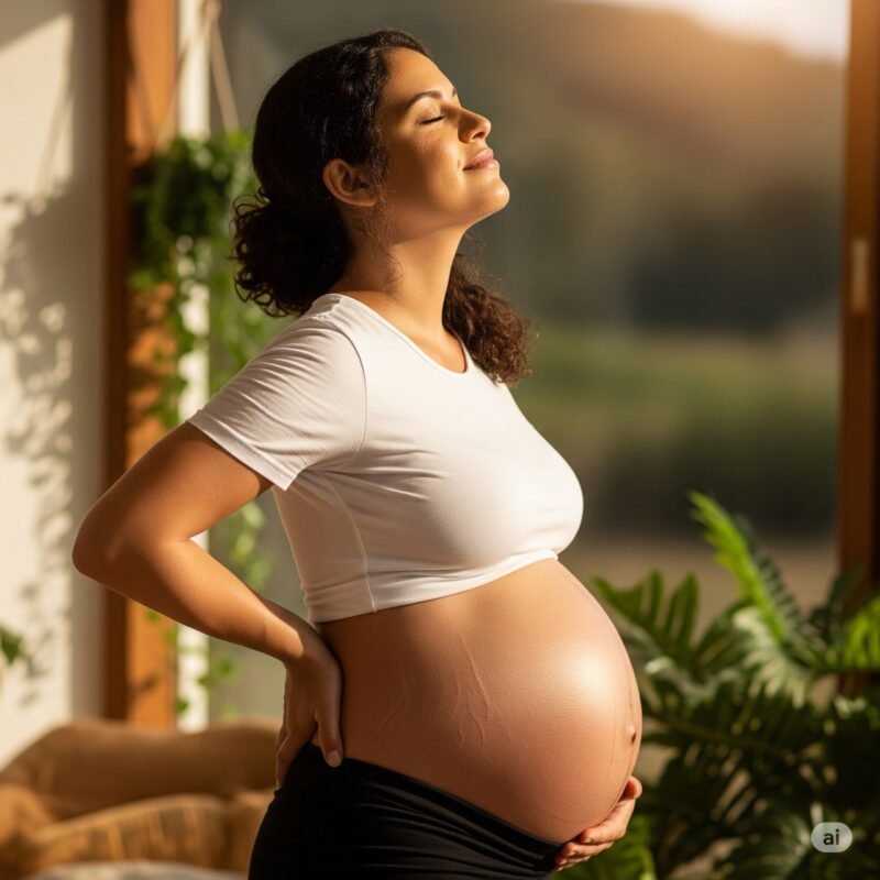 Zwangere vrouw met buik, toont lichamelijke veranderingen tijdens zwangerschap.